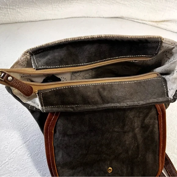 Myra Bag Handmade Crossroads Backpack Upcycled Canvas Cowhide Leather Patchwork - Picture 6 of 16